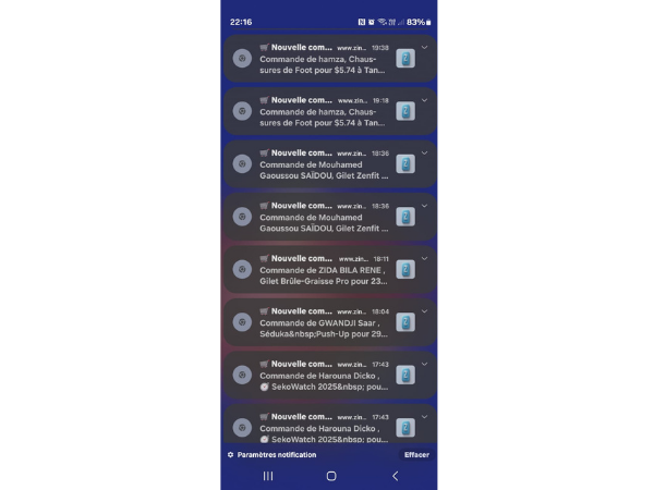 Notifications commandes ZinPage